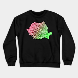 Colorful mandala art map of Romania with text in pink and green Crewneck Sweatshirt